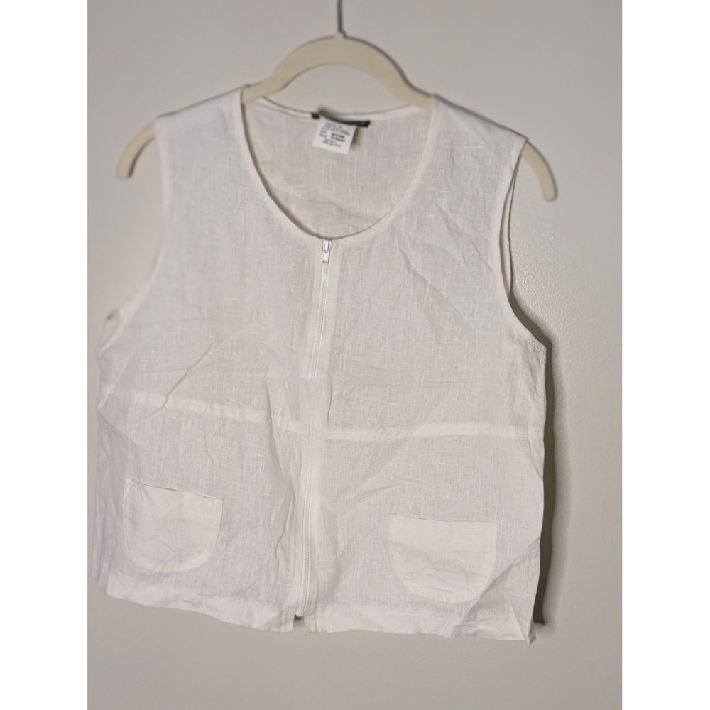 Harve Benard White 100% Linen Zip Front Vest Sleeveless Top Medium
